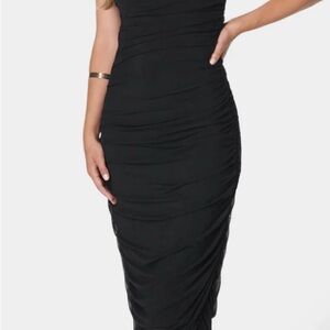 bebe Black Strapless Ruched Dress